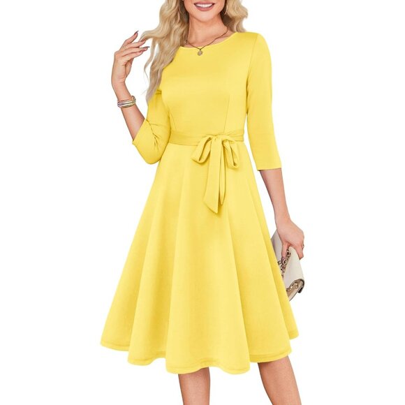 Women's Yellow 3/4 Sleeve Vintage Flattering A-line Vintage Cocktail Dresses - Picture 2 of 5